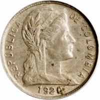 obverse of 5 Centavos (1918 - 1950) coin with KM# 199 from Colombia. Inscription: REPÚBLICA DE COLOMBIA 1938