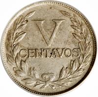 reverse of 5 Centavos (1918 - 1950) coin with KM# 199 from Colombia. Inscription: V CENTAVOS