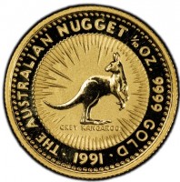 THE AUSTRALIAN NUGGET 1/10 OZ. 9999 GOLD. GREY KANGAROO. 1990.