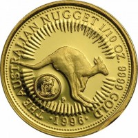 Gold coin Australia KM# 321 THE AUSTRALIAN NUGGET 1/10 OZ. 9999 GOLD. RED KANGAROO. 1996.