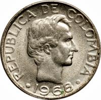 obverse of 10 Centavos - Continuous legend; Big letters (1967 - 1969) coin with KM# 226 from Colombia. Inscription: REPUBLICA DE COLOMBIA 1968