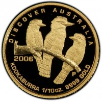 Gold coin Australia KM# 963 DISCOVER AUSTRALIA. 2006 WR P. KOOKABURRA 1/10oz. 9999 GOLD.