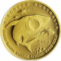 Gold coin Australia KM# 975 DISCOVER AUSTRALIA. RV 2007 P. GREAT WHITE SHARK 1/10oz. 9999 GOLD.