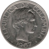 obverse of 50 Centavos (1967 - 1969) coin with KM# 228 from Colombia. Inscription: REPUBLICA DE COLOMBIA 1967