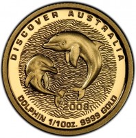 Gold coin Australia KM# 1186 DISCOVER AUSTRALIA. SB P. 2008. DOLPHIN 1/10 OZ. 9999 GOLD.