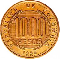 Colombia coin 1000 Pesos (1996 - 1998) reverse reverse of 1000 Pesos (1996 - 1998) coin with KM# 288 from Colombia. Inscription: REPUBLICA DE COLOMBIA 1000 PESOS 1996