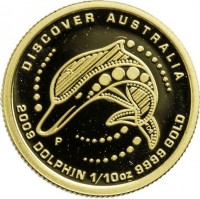 DISCOVER AUSTRALIA. P DB. 2009 DOLPHIN 1/10oz 9999 GOLD.