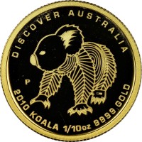 DISCOVER AUSTRALIA. P. DB. 2010 KOALA 1/10 OZ 9999 GOLD.