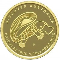 DISCOVER AUSTRALIA. P. DB. 2010 PLATYPUS 1/10 OZ 9999 GOLD.