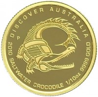 DISCOVER AUSTRALIA. P DB. 2010 SALTWATER CROCODILE 1/10oz 9999 GOLD.