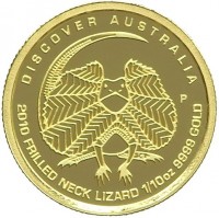 DISCOVER AUSTRALIA. P DB. 2010 FRILLED NECK LIZARD 1/10oz 9999 GOLD.