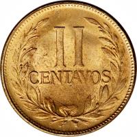 reverse of 2 Centavos - Head left; Continuous legend (1955 - 1959) coin with KM# 214 from Colombia. Inscription: II CENTAVOS