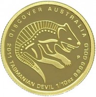 Gold coin Australia KM# 1542 DISCOVER AUSTRALIA. 2011 TASMANIAN DEVIL 1/10 oz 9999 GOLD DB. P.