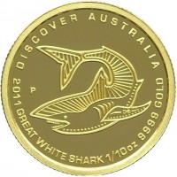 Gold coin Australia KM# 1554 DISCOVER AUSTRALIA. 2011 Great White Shark 1/10 oz 9999 GOLD. P. DB.