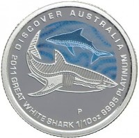 Platinum coin Australia KM# 1556 DISCOVER AUSTRALIA. 2011 GREAT WHITE SHARK 1/10oz 9995 PLATINUM. P DB.