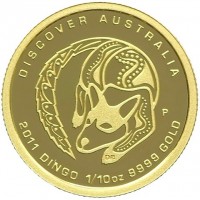 Gold coin Australia KM# 1560 DISCOVER AUSTRALIA. 2011 DINGO 1/10 oz 9999 GOLD DB. P.