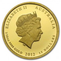 Gold coin Australia KM# 1671a ELIZABETH II AUSTRALIA. IRB. 1/10 OZ 9999 GOLD 2012 15 DOLLARS.