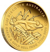Gold coin Australia KM# 1721 DISCOVER AUSTRALIA. 2012 GREEN & GOLD BELL FROG 1/10oz 9999 GOLD. P. WR.