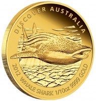 Gold coin Australia KM# 1723 DISCOVER AUSTRALIA. 2012 WHALE SHARK 1/10oz 9999 GOLD. P. TV.