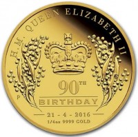 H. M. QUEEN ELIZABETH II. 90TH. P NM. BIRTHDAY. 21 - 4 - 2016. 1/4 oz 9999 GOLD.