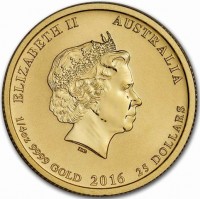 Gold coin Australia KM# 3305 ELIZABETH II AUSTRALIA. IRB. 1/4 OZ 9999 GOLD 2016 25 DOLLARS.