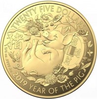 Gold coin Australia KM# 3776 TWENTY FIVE DOLLARS. 豬. 1/4oz9999 Au. 2019 YEAR OF THE PIG. BK.