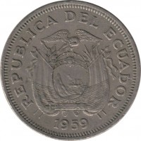 obverse of 1 Sucre (1959) coin with KM# 78a from Ecuador. Inscription: REPUBLICA DEL ECUADOR 1959