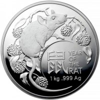Silver coin Australia 鼠. YEAR. OF. THE. RAT. 1kg999 Ag. BK.