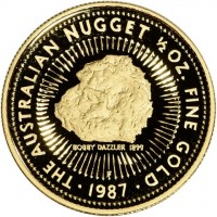 THE AUSTRALIAN NUGGET ½ OZ. FINE GOLD. · 1987 ·. BOBBY DAZZLER 1899. P.