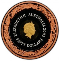 Tri-Metal core, silver middle ring and copper outer ring) coin Australia KM# 648 ELIZABETH II. AUSTRALIA 2002. IRB. 50 DOLLARS.