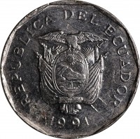 obverse of 10 Sucres (1988 - 1991) coin with KM# 92 from Ecuador. Inscription: REPUBLICA DEL ECUADOR 1991