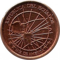 obverse of 1 Centavo (2003) coin with KM# 104a from Ecuador. Inscription: REPUBLICA DEL ECUADOR **LUZ DE AMERICA**
