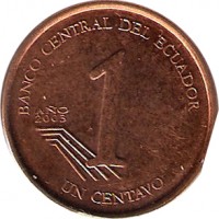 reverse of 1 Centavo (2003) coin with KM# 104a from Ecuador. Inscription: BANCO CENTRAL DEL ECUADOR AÑO 2003 1 UN CENTAVO