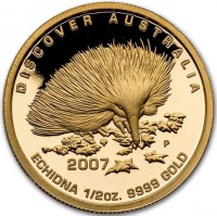 Gold coin Australia KM# 967 DISCOVER AUSTRALIA. WR P 2007. ECHIDNA 1/2oz. 9999 GOLD.