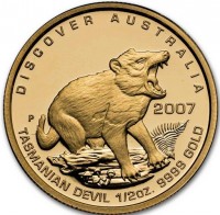DISCOVER AUSTRALIA. P 2007 RV. TASMANIAN DEVIL 1/2oz. 9999 GOLD.