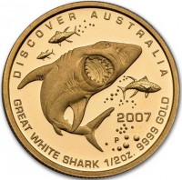 Gold coin Australia KM# 976 DISCOVER AUSTRALIA. RV 2007 P. GREAT WHITE SHARK 1/2oz. 9999 GOLD.