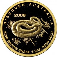 Gold coin Australia KM# 1197 DISCOVER AUSTRALIA. 2008 SB P. KING BROWN SNAKE. 1/2 oz 9999 GOLD.