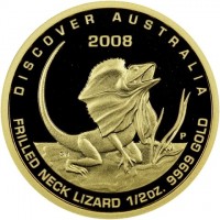 DISCOVER AUSTRALIA. 2008 SB P. FRILLED NECK LIZARD. 1/2 oz 9999 GOLD.