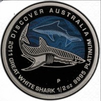 DISCOVER AUSTRALIA. 2011 GREAT WHITE SHARK 1/2oz 9995 PLATINUM. P DB.
