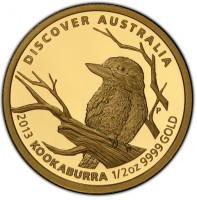 DISCOVER AUSTRALIA. IJ P. 2013 KOOKABURRA 1/2 OZ 9999 GOLD.