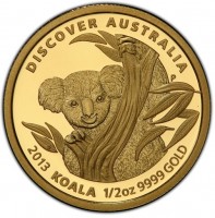DISCOVER AUSTRALIA. P IJ. 2013 KOALA 1/2oz 9999 GOLD.