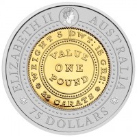 Bi-Metallic center - silver ring) coin Australia KM# 3985 ELIZABETH II AUSTRALIA. JC. WEIGHT 5 DWT: 15 GRS. VALUE. ONE. POUND. 22 CARATS. 75 DOLLARS.