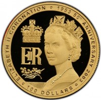 ELIZABETH II CORONATION · 1953 50th ANNIVERSARY 2003. EIIR. 100 DOLLARS.