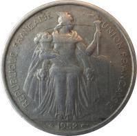 New Caledonia coin 5 Francs (1952) obverse obverse of 5 Francs (1952) coin with KM# 4 from New Caledonia. Inscription: REPUBLIQUE FRANÇAISE UNION FRANÇAISE 1952 G.B.BAZOR