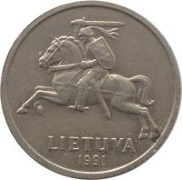 obverse of 2 Litai (1991) coin with KM# 92 from Lithuania. Inscription: LIETUVA 1991