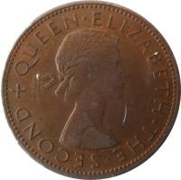 obverse of 1 Penny - Elizabeth II - 1'st Portrait (1953 - 1965) coin with KM# 24 from New Zealand. Inscription: + QUEEN · ELIZABETH · THE · SECOND