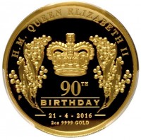 H. M. QUEEN ELIZABETH II. 90TH. P NM. BIRTHDAY. 21 - 4 - 2016. 2oz 9999 GOLD.