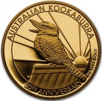 AUSTRALIAN KOOKABURRA. 30TH ANNIVERSARY 5OZ 9999 GOLD. P JM.