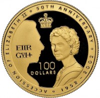 Gold coin Australia KM# 646 ACCESSION OF ELIZABETH II 50th ANNIVERSARY. 1952 - 2002. EIIR. GVI+. 100. DOLLARS.
