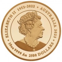 · ELIZABETH II 1952-2022 · AUSTRALIA 2023 ·. JC. 10oz 9999 GOLD 2023 2500 DOLLARS.